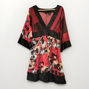 Vintage Y2K Mix It Satin Floral Babydoll Dress Womens Large Oriental Romantic